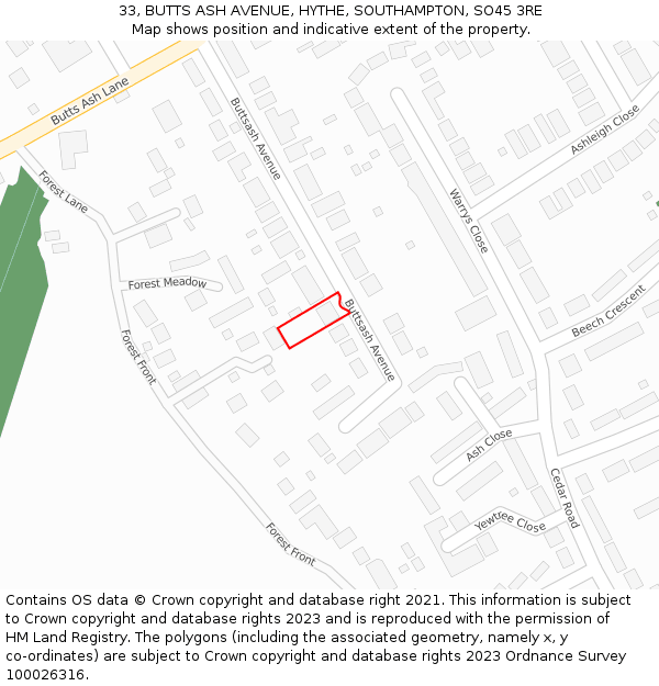 33, BUTTS ASH AVENUE, HYTHE, SOUTHAMPTON, SO45 3RE: Location map and indicative extent of plot