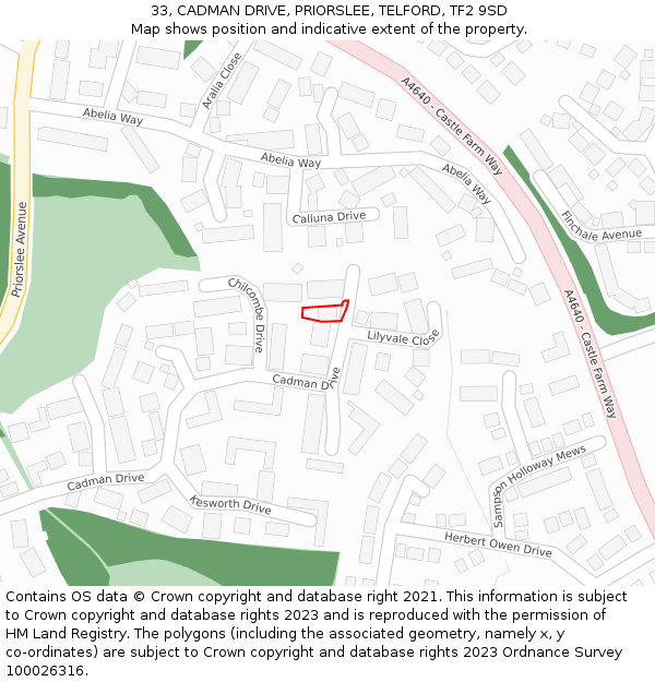 33, CADMAN DRIVE, PRIORSLEE, TELFORD, TF2 9SD: Location map and indicative extent of plot