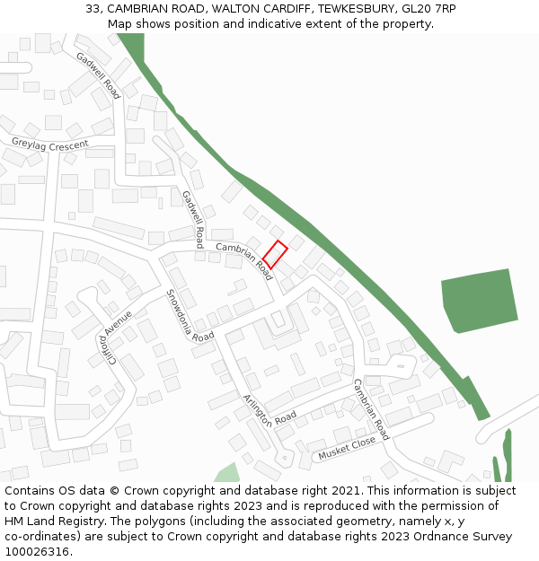 33, CAMBRIAN ROAD, WALTON CARDIFF, TEWKESBURY, GL20 7RP: Location map and indicative extent of plot