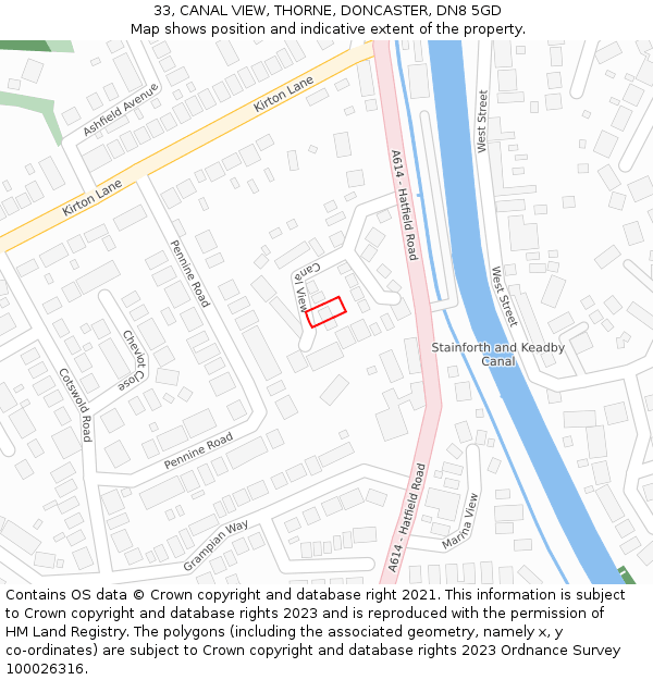 33, CANAL VIEW, THORNE, DONCASTER, DN8 5GD: Location map and indicative extent of plot
