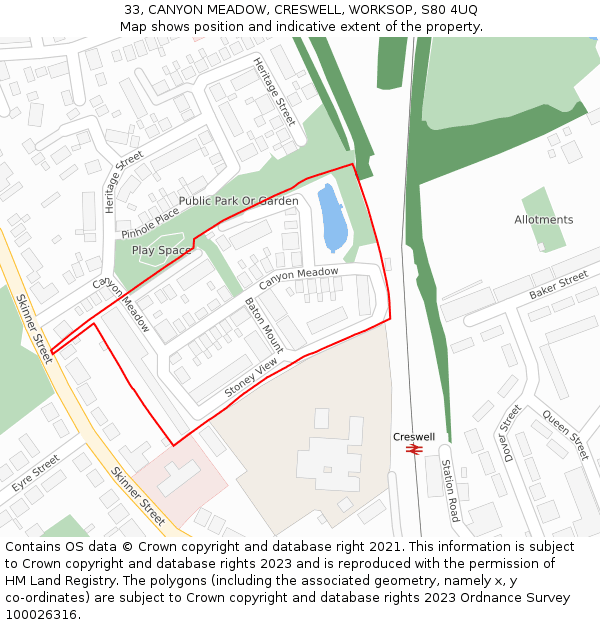 33, CANYON MEADOW, CRESWELL, WORKSOP, S80 4UQ: Location map and indicative extent of plot