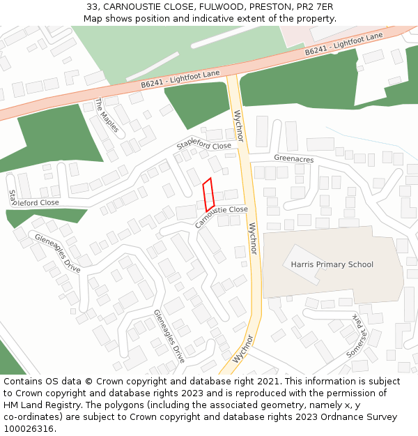 33, CARNOUSTIE CLOSE, FULWOOD, PRESTON, PR2 7ER: Location map and indicative extent of plot