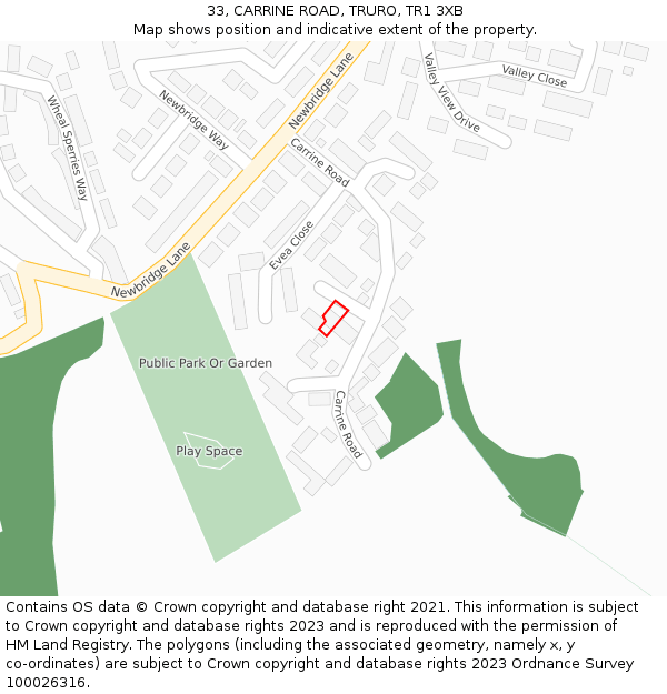 33, CARRINE ROAD, TRURO, TR1 3XB: Location map and indicative extent of plot