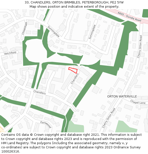 33, CHANDLERS, ORTON BRIMBLES, PETERBOROUGH, PE2 5YW: Location map and indicative extent of plot