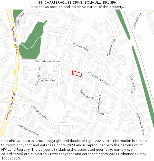 33, CHARTERHOUSE DRIVE, SOLIHULL, B91 3FH: Location map and indicative extent of plot