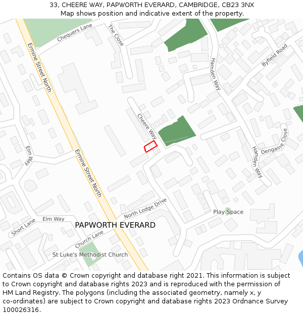 33, CHEERE WAY, PAPWORTH EVERARD, CAMBRIDGE, CB23 3NX: Location map and indicative extent of plot