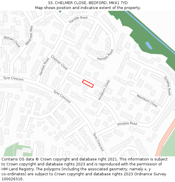 33, CHELMER CLOSE, BEDFORD, MK41 7YD: Location map and indicative extent of plot