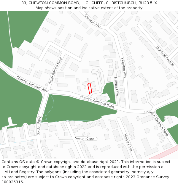 33, CHEWTON COMMON ROAD, HIGHCLIFFE, CHRISTCHURCH, BH23 5LX: Location map and indicative extent of plot