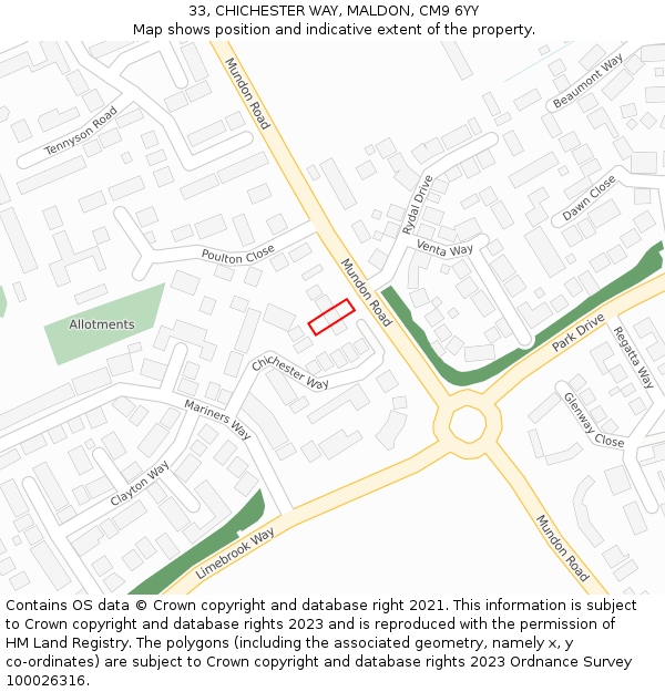 33, CHICHESTER WAY, MALDON, CM9 6YY: Location map and indicative extent of plot