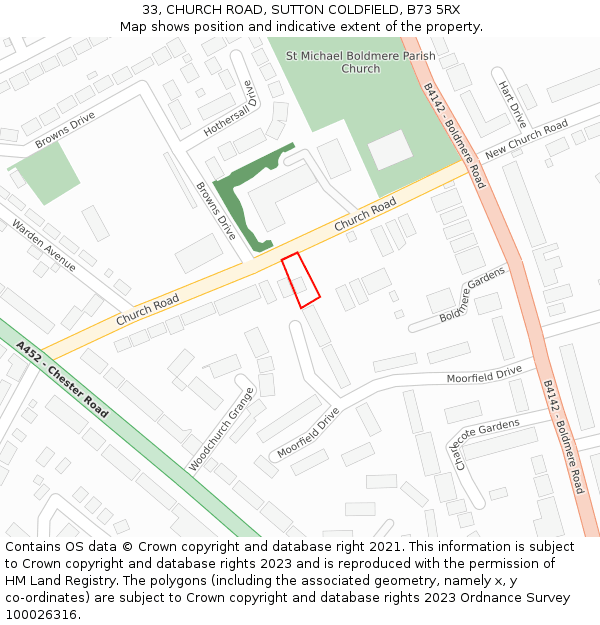 33, CHURCH ROAD, SUTTON COLDFIELD, B73 5RX: Location map and indicative extent of plot