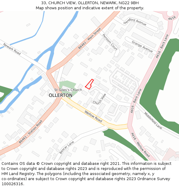 33, CHURCH VIEW, OLLERTON, NEWARK, NG22 9BH: Location map and indicative extent of plot