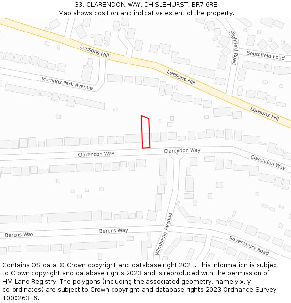 33, CLARENDON WAY, CHISLEHURST, BR7 6RE: Location map and indicative extent of plot