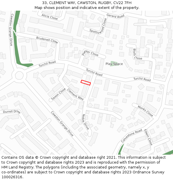 33, CLEMENT WAY, CAWSTON, RUGBY, CV22 7FH: Location map and indicative extent of plot