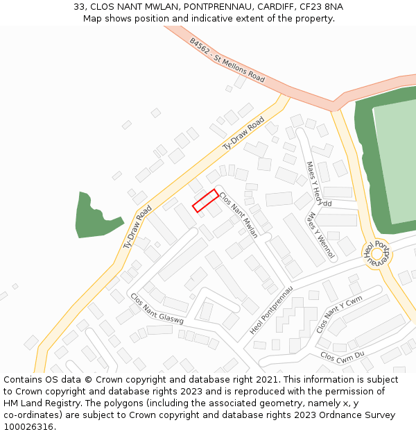 33, CLOS NANT MWLAN, PONTPRENNAU, CARDIFF, CF23 8NA: Location map and indicative extent of plot