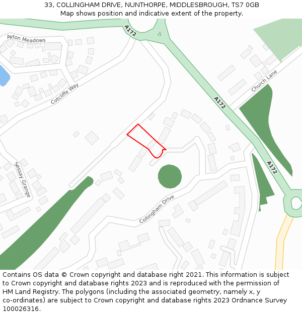 33, COLLINGHAM DRIVE, NUNTHORPE, MIDDLESBROUGH, TS7 0GB: Location map and indicative extent of plot