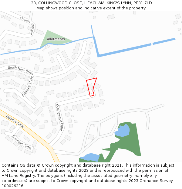 33, COLLINGWOOD CLOSE, HEACHAM, KING'S LYNN, PE31 7LD: Location map and indicative extent of plot