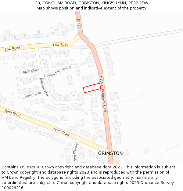 33, CONGHAM ROAD, GRIMSTON, KING'S LYNN, PE32 1DW: Location map and indicative extent of plot