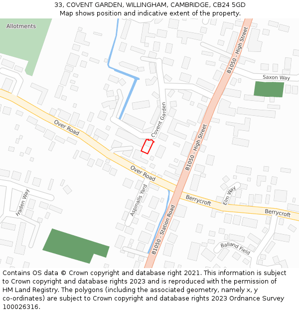 33, COVENT GARDEN, WILLINGHAM, CAMBRIDGE, CB24 5GD: Location map and indicative extent of plot