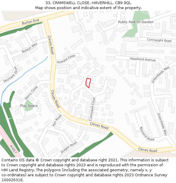 33, CRAMSWELL CLOSE, HAVERHILL, CB9 9QL: Location map and indicative extent of plot