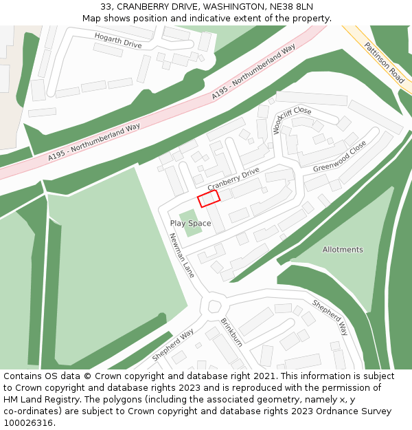 33, CRANBERRY DRIVE, WASHINGTON, NE38 8LN: Location map and indicative extent of plot