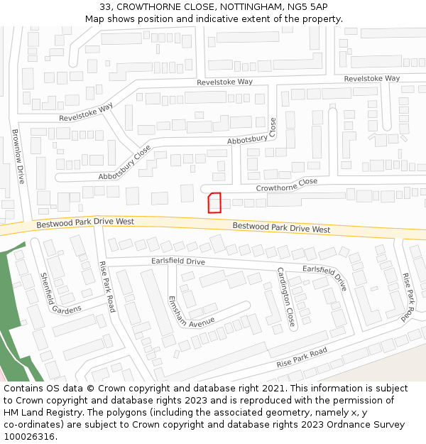 33, CROWTHORNE CLOSE, NOTTINGHAM, NG5 5AP: Location map and indicative extent of plot