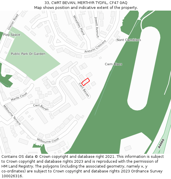33, CWRT BEVAN, MERTHYR TYDFIL, CF47 0AQ: Location map and indicative extent of plot
