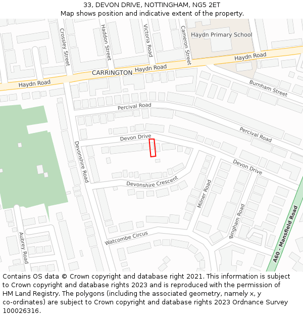33, DEVON DRIVE, NOTTINGHAM, NG5 2ET: Location map and indicative extent of plot