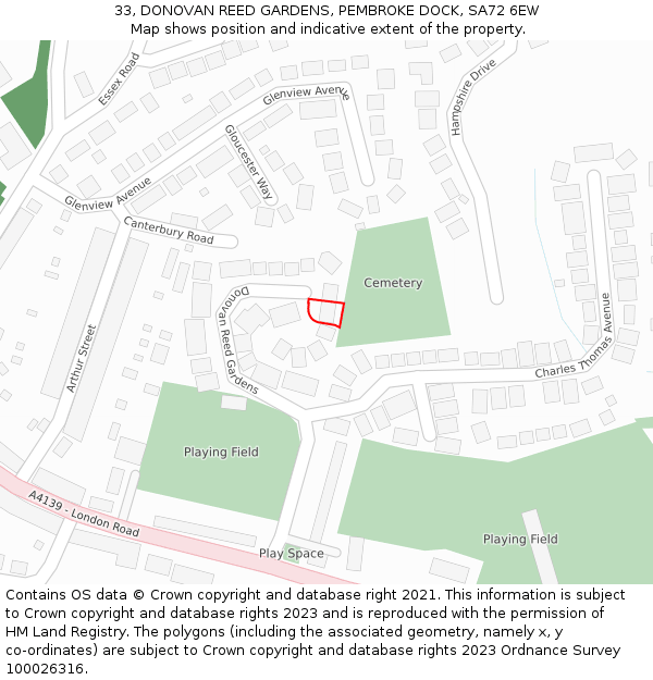 33, DONOVAN REED GARDENS, PEMBROKE DOCK, SA72 6EW: Location map and indicative extent of plot