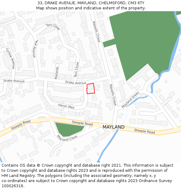 33, DRAKE AVENUE, MAYLAND, CHELMSFORD, CM3 6TY: Location map and indicative extent of plot