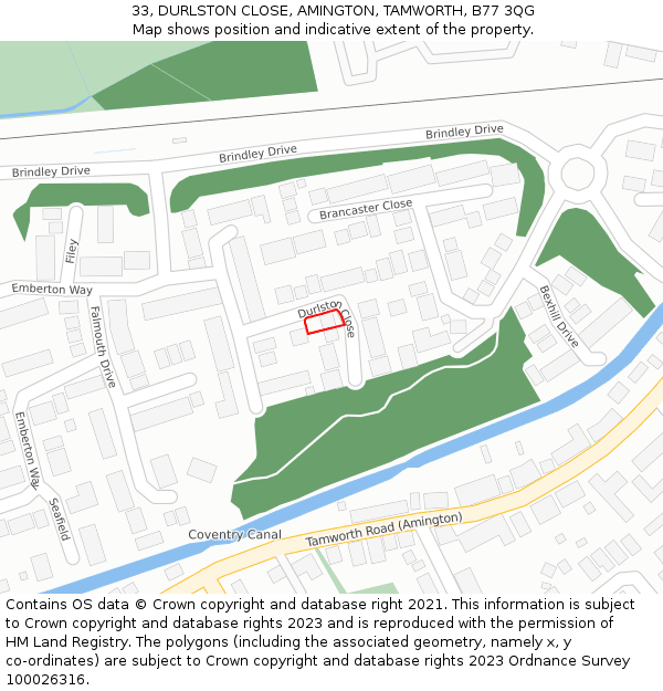 33, DURLSTON CLOSE, AMINGTON, TAMWORTH, B77 3QG: Location map and indicative extent of plot