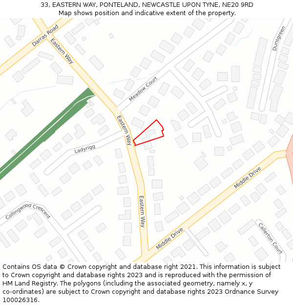 33, EASTERN WAY, PONTELAND, NEWCASTLE UPON TYNE, NE20 9RD: Location map and indicative extent of plot