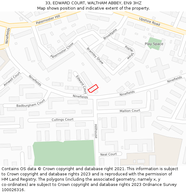 33, EDWARD COURT, WALTHAM ABBEY, EN9 3HZ: Location map and indicative extent of plot