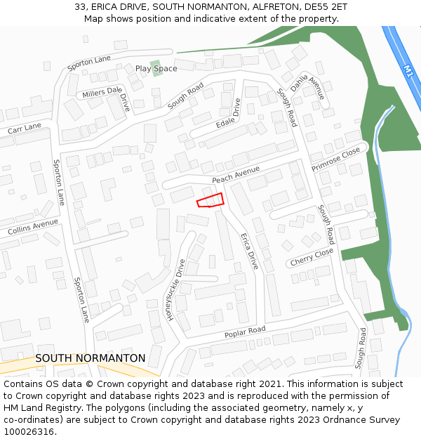 33, ERICA DRIVE, SOUTH NORMANTON, ALFRETON, DE55 2ET: Location map and indicative extent of plot