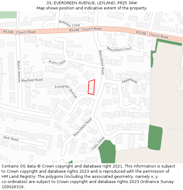 33, EVERGREEN AVENUE, LEYLAND, PR25 3AW: Location map and indicative extent of plot