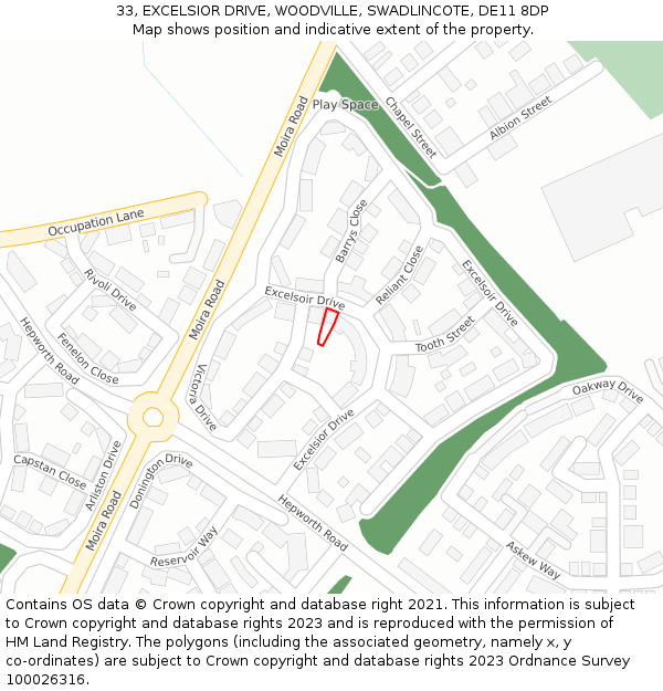 33, EXCELSIOR DRIVE, WOODVILLE, SWADLINCOTE, DE11 8DP: Location map and indicative extent of plot