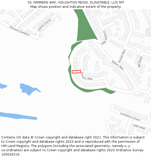33, FARRIERS WAY, HOUGHTON REGIS, DUNSTABLE, LU5 5FF: Location map and indicative extent of plot