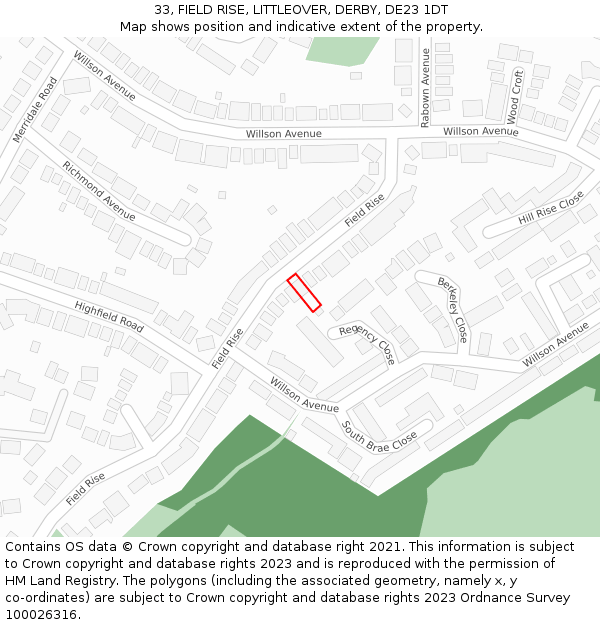33, FIELD RISE, LITTLEOVER, DERBY, DE23 1DT: Location map and indicative extent of plot