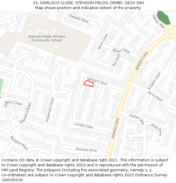 33, GAIRLOCH CLOSE, STENSON FIELDS, DERBY, DE24 3AH: Location map and indicative extent of plot