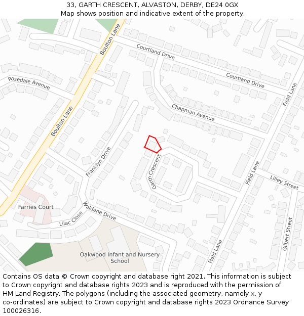 33, GARTH CRESCENT, ALVASTON, DERBY, DE24 0GX: Location map and indicative extent of plot