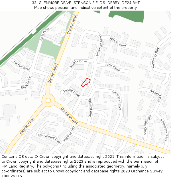 33, GLENMORE DRIVE, STENSON FIELDS, DERBY, DE24 3HT: Location map and indicative extent of plot