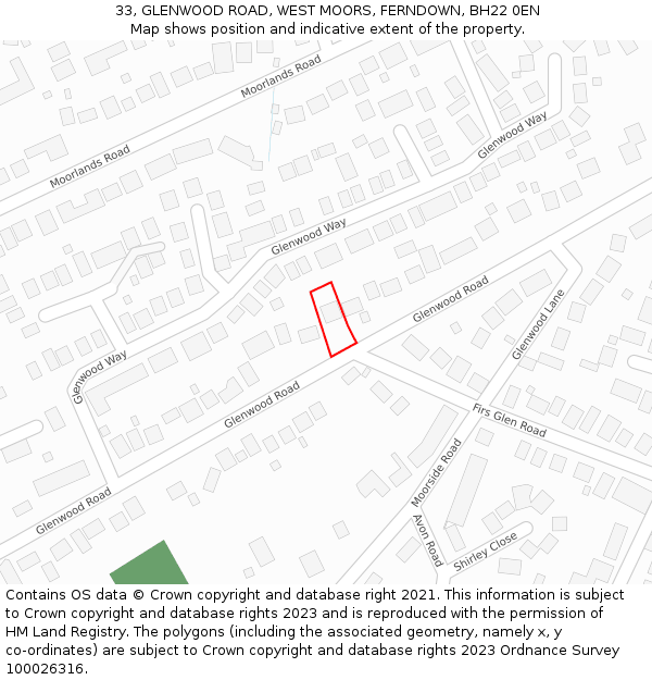 33, GLENWOOD ROAD, WEST MOORS, FERNDOWN, BH22 0EN: Location map and indicative extent of plot