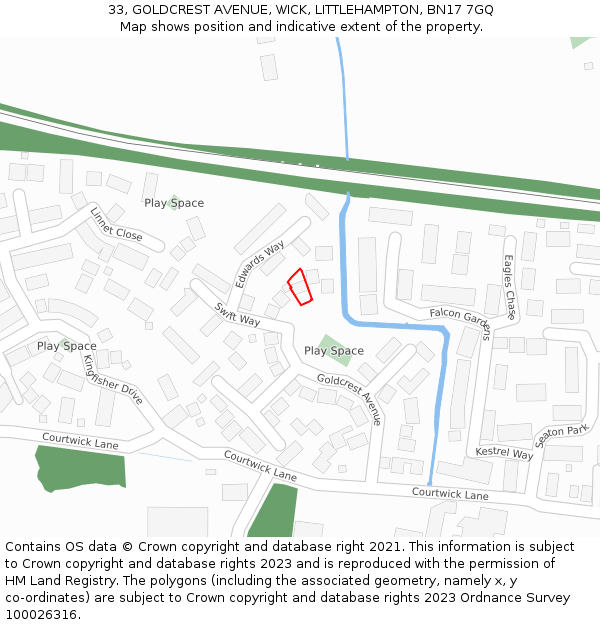 33, GOLDCREST AVENUE, WICK, LITTLEHAMPTON, BN17 7GQ: Location map and indicative extent of plot