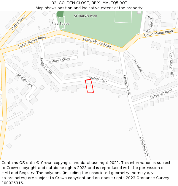 33, GOLDEN CLOSE, BRIXHAM, TQ5 9QT: Location map and indicative extent of plot