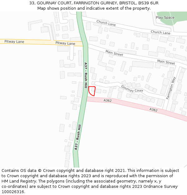 33, GOURNAY COURT, FARRINGTON GURNEY, BRISTOL, BS39 6UR: Location map and indicative extent of plot