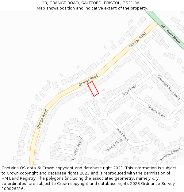 33, GRANGE ROAD, SALTFORD, BRISTOL, BS31 3AH: Location map and indicative extent of plot