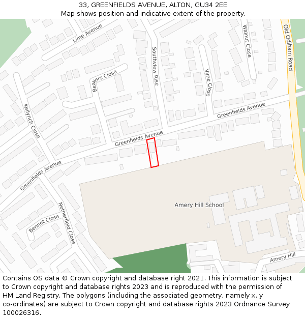 33, GREENFIELDS AVENUE, ALTON, GU34 2EE: Location map and indicative extent of plot