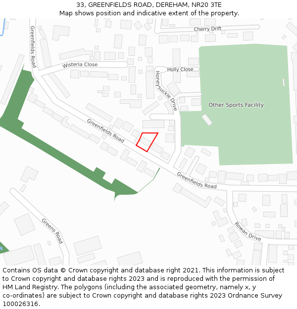 33, GREENFIELDS ROAD, DEREHAM, NR20 3TE: Location map and indicative extent of plot