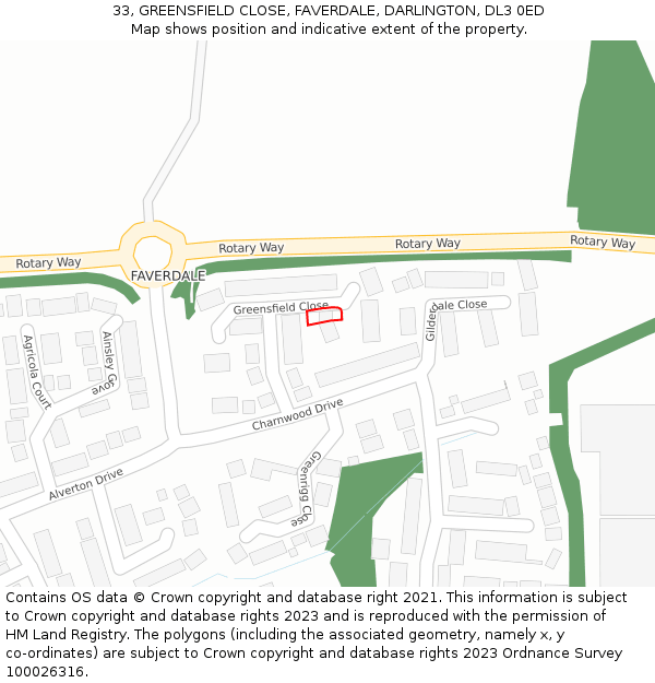 33, GREENSFIELD CLOSE, FAVERDALE, DARLINGTON, DL3 0ED: Location map and indicative extent of plot