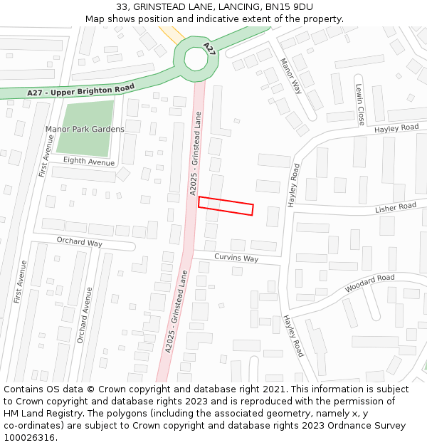 33, GRINSTEAD LANE, LANCING, BN15 9DU: Location map and indicative extent of plot