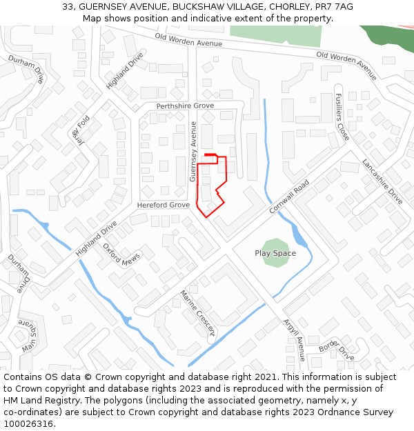 33, GUERNSEY AVENUE, BUCKSHAW VILLAGE, CHORLEY, PR7 7AG: Location map and indicative extent of plot